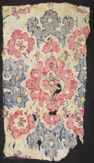 Ottoman style Algerian embroidery fragment circa 1800 or perhaps 18th century. Great color including a double dyed purple.               