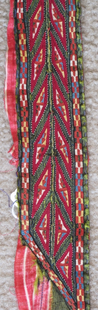 Tekke Turkmen embroidered band. Very fine. Very colorful with several blues, yellow, orange and insect red. Embroidered on a hand-woven green silk. 105x6cm          