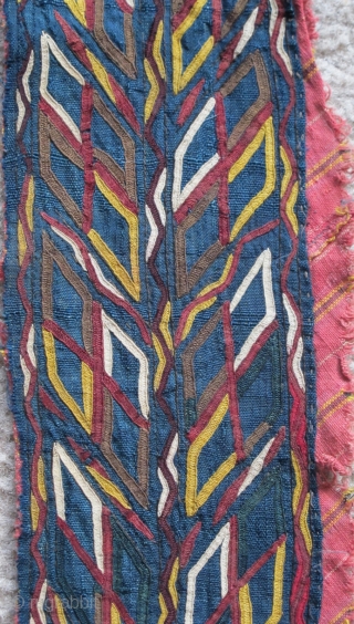 Tekke Turkmen embroidered strip on a deep indigo ground. Bold design accomplished with a very fine technique. 111x10cm               