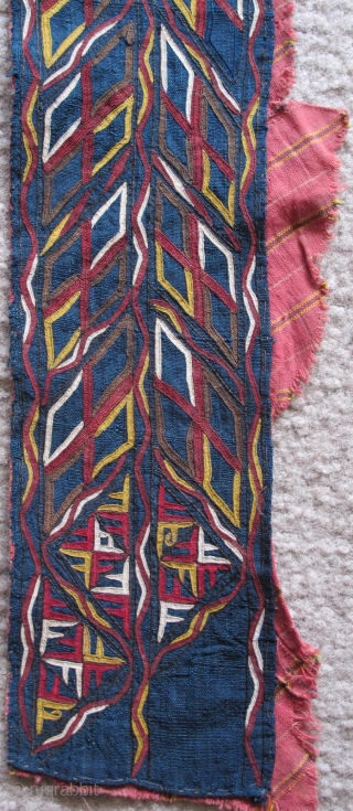 Tekke Turkmen embroidered strip on a deep indigo ground. Bold design accomplished with a very fine technique. 111x10cm               