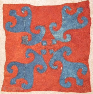 Central Asian Kyrgyz Shyrdak square. Madder red and indigo blue dyed and pieced felt.                   