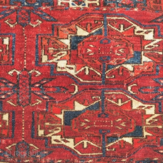 Six Gul Tekke Torba, a great honest earlier example with velvety pile, great wool quality, and color. Obvious condition issues.             