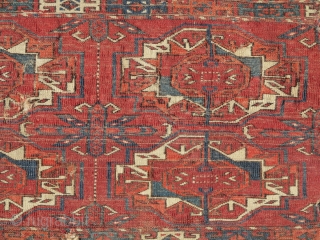 Six Gul Tekke Torba, a great honest earlier example with velvety pile, great wool quality, and color. Obvious condition issues.             