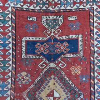 Small Caucasian Kazak rug with a very abstracted classical medallion                       