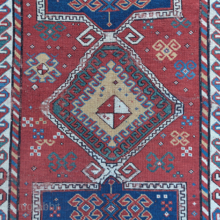 Small Caucasian Kazak rug with a very abstracted classical medallion                       