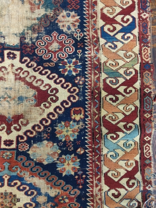 Caucasian Kuba rug, old, superlative color, lots of wear. 3'6"x5'6"ish                       