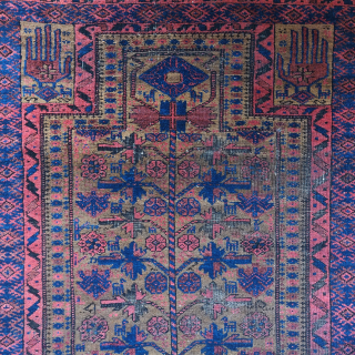 Unusual Baluch prayer rug with dark natural undyed camel wool and saturated natural dyes. An eccentric rendering of a classic design type replete with animals. Larger size than most, 3'3"x5'10"   