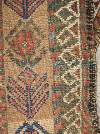 Baluch Camel-ground Poshti, great abrash in the natural camel and soft natural colors including yellow and green. The field displays a rendition of a more typical bag border design. Multi-colored weft including  ...