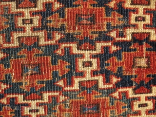 A colorful Turkmen Aksu torba? Indeed so! This early eastern Turkmen torba fragment has great scale and precisely rendered drawing illustrated with both super color and range of color. greenS, blueS, Silk.  ...