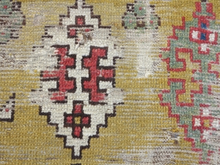 Konya Cappadocia rug fragment, 17th/18th cen. Tile design on a modulated tawny and yellow ground. great color, cool construction, obvious condition issues :) size: 3'4"x5'        