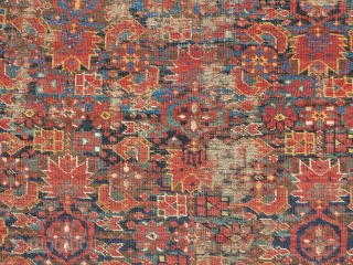 Super colorful Bashir Central Asian / Middle Amu Darya area carpet. older than most. Worn but more or less complete with an elem on one end and a border on the other.  ...
