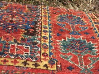 Super colorful Bashir Central Asian / Middle Amu Darya area carpet. older than most. Worn but more or less complete with an elem on one end and a border on the other.  ...