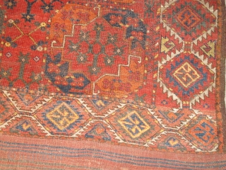 Ersari Main Carpet with Guli-Guls. Quirky drawing of field elements, good reciprocal spaces and nice colors including two different slate or olive greens. It is very difficult for my camera to represent  ...