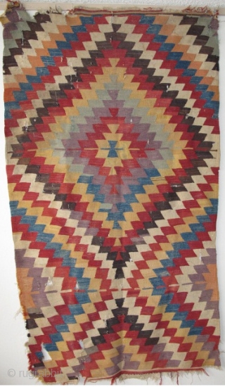 Turkish eye-dazzler Kilim, perhaps western Anatolian or Monastir. Complete piece with purple, green, two oranges, red and yellow. (46"x82" 117x208cm)             