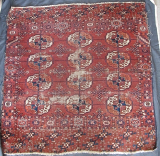 Tekke Square Mat, large guls, great elem, intriguing borders, fine handle, very old. (4'1"x4'2" 123x125cm)
                  