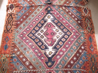 Very long antique Reyhanli kilim from Eastern Anatolia. Older than most with a very good color range and saturation including a great ox-blood maroon, two greens two oranges, at least three blues,  ...