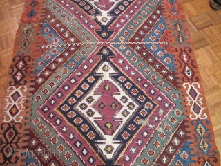 Very long antique Reyhanli kilim from Eastern Anatolia. Older than most with a very good color range and saturation including a great ox-blood maroon, two greens two oranges, at least three blues,  ...