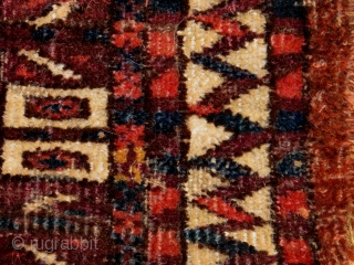  Yomut Turkmen Mafrash, petite piece with extra soft wool, asymmetrical knot open right, clearly articulated drawing with a multi-hued madder ground including reds, brick, and purples, sparse yellow highlights, traces of  ...