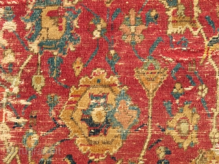 Isfahan Carpet, Safavid era, first half 17th century, silk and cotton warp, cotton weft, lac red ground, fine weave, cut and shut, scattered old repair and damage, still majestic. size= 4'8"x6'
 Note  ...