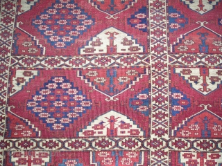 Kizyl Ayak or Choob Bash Turkmen Main Carpet. Small format with compartments and Ertmen gul variants. Nicely drawn animal protomes in several colors. Fine weave, complete but with areas of wear and  ...