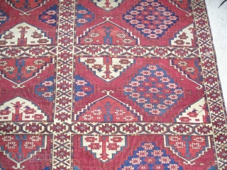 Kizyl Ayak or Choob Bash Turkmen Main Carpet. Small format with compartments and Ertmen gul variants. Nicely drawn animal protomes in several colors. Fine weave, complete but with areas of wear and  ...