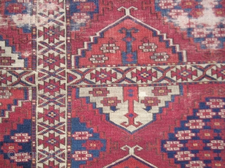 Kizyl Ayak or Choob Bash Turkmen Main Carpet. Small format with compartments and Ertmen gul variants. Nicely drawn animal protomes in several colors. Fine weave, complete but with areas of wear and  ...