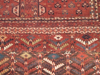 Turkmen Yomud Ensi, super soft wool, saturated color with camel wool. finely woven with asymmetrical knot open right. portions of side and selvedge missing but stabilized by patch. 125x175cm    