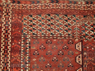 Turkmen Yomud Ensi, super soft wool, saturated color with camel wool. finely woven with asymmetrical knot open right. portions of side and selvedge missing but stabilized by patch. 125x175cm    