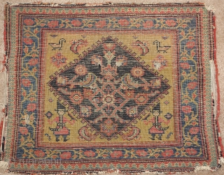 Interesting Senneh or related west Persian bagface with Qajar soldiers bearing swords and birds in the corners, nice wool and saturated natural colors including a great yellow ground. apx. 26"x 20"  
