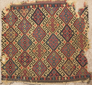 Northwest Persian flatwoven bag. Probably Kurdish. Not quite ' reverse sumak '. One side is flat while the other is more textured. Great colors including aubergine. Maybe Shahsevan Kurd?    