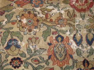 18th century Khorossan fragment with highly stylized vegetal leaves, flowers and strong East Persian minakhani references. Very finely woven, more remarkably so for a jufti knotted piece, with thread-like cotton warp and  ...