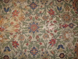 18th century Khorossan fragment with highly stylized vegetal leaves, flowers and strong East Persian minakhani references. Very finely woven, more remarkably so for a jufti knotted piece, with thread-like cotton warp and  ...