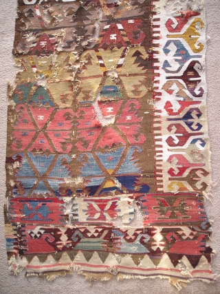 Anatolian Kilim Half, many colors, much wear, cotton and wool white, 4 browns (dyed and natural) madder reds, insect red, 2 pinks, apricot,at least 2 oranges, bold yellows, pistachio green, true green,  ...