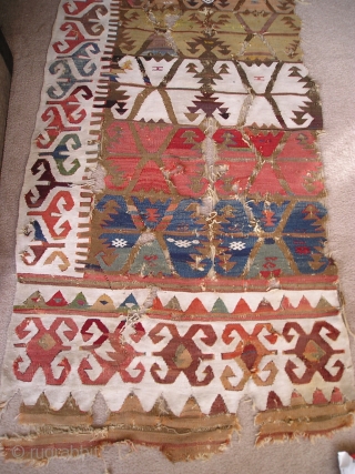 Anatolian Kilim Half, many colors, much wear, cotton and wool white, 4 browns (dyed and natural) madder reds, insect red, 2 pinks, apricot,at least 2 oranges, bold yellows, pistachio green, true green,  ...