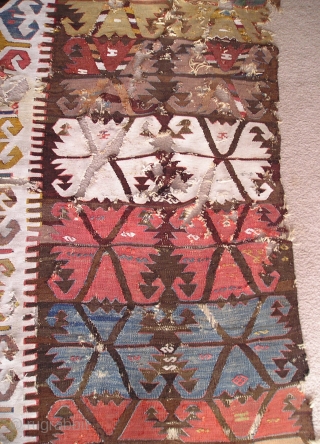 Anatolian Kilim Half, many colors, much wear, cotton and wool white, 4 browns (dyed and natural) madder reds, insect red, 2 pinks, apricot,at least 2 oranges, bold yellows, pistachio green, true green,  ...