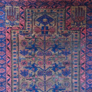 Unusual Baluch prayer rug with dark natural undyed camel wool and saturated natural dyes. An eccentric rendering of a classic design type replete with animals. Larger size than most, 3'3"x5'10"   