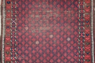 Baluch rug with a small-scale embroidered design rendered in pile. Narrow border, uncommon type, 4x6ish                  