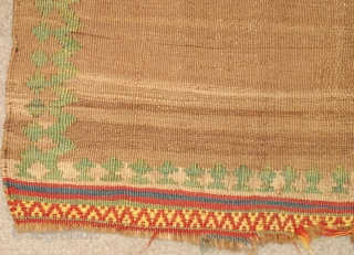 Miniature Minimalist South Persian Kilim with a natural abrashed camel ground and pistachio green border. Perhaps a small sofreh, cover or bread cloth. There are remains of knotted warps on either end  ...