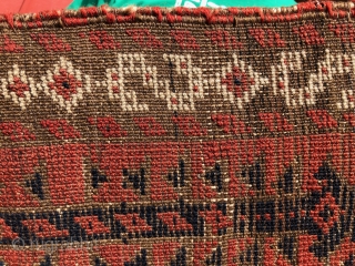 Rare red ground, Baluch, 19th century. 4’.5” x 2’.9”
Original condition not washed or repaired.
One tiny piece of felt sewn behind the killim end as shown in photo.
AS: to the left   