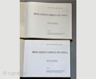 Brocaded Fabrics of India, 2 Volumes. 
by B.C Mohanty
Condition: Very good
2 books with plates and actual samples of brocade fabrics.
________________________________________
Ahmedabad, India: Calico Museum of Textiles 402 pages, 233 b/w plates, 38 actual  ...