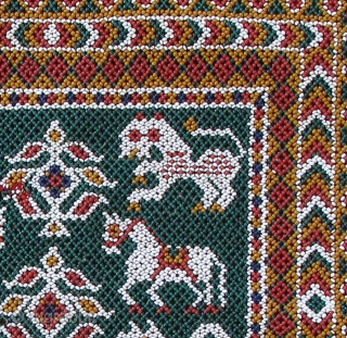 Beadwork Wallhanging
44x44cm; beaded part 27x27cm
Kathiawar, Gujarat, India)
19/20th century
Perfect condition
 The method of work is a tri-bead system (tran moti-no thansiya), worked row-by-row, three beads being taken up at each stitch; on the  ...