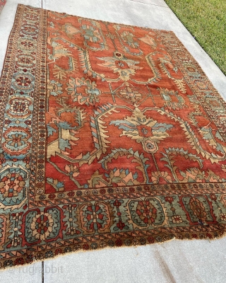 Grand scale antique Heriz rug with beautiful design, color  and graphics: Decorative as can be!
Size 7’6” by 10’6”. . 
One main guard border has been removed. 
Price upon request. 
Shipping available
Ships  ...