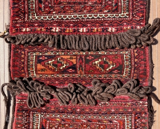 Tekke Turkmen khorjin, complete and in excellent condition.  Overall dimensions 35” x 16” (89 cm x 41 cm).  Each pile face about 16” x 14“ (41 cm x 36 cm).  ...