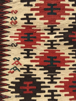 A KILIM MAFRASH END PANEL, PROBABLY AZERI.   Strong graphics, with limited palette—at first glance it appears to be black, red and white, but it also has a dark greenish blue  ...