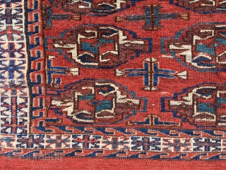 Yomut Turkmen Chuval.  Second half 19th century--among the older ones I've seen with the complete flatweave back.  Good natural colors, including a nice bluish green.  A few small places  ...