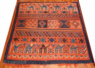 Old Gafsa Tunisian kilim. Nearly square—86 inches long and 87 inches wide (219 x 221 cm).  Some fraying and notches at the ends, and some small holes, due mainly to the  ...