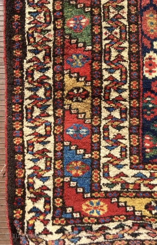 Colorful Luri rug. 68 inches (173 cm) long, 38 to 40 inches (97 – 102 cm) wide—not a perfect rectangle and not quite straight.  Great colors---natural, bright, saturated.   Most  ...