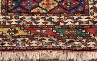 Colorful Luri rug. 68 inches (173 cm) long, 38 to 40 inches (97 – 102 cm) wide—not a perfect rectangle and not quite straight.  Great colors---natural, bright, saturated.   Most  ...