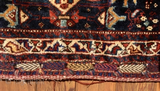 Khamseh bag (half khorjin).    Face is 23” x 28” (59 cm x 71 cm).  Pile wool is soft and lustrous, and pile is good all over, with exception  ...