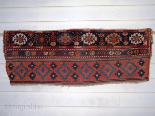 3.7 x 1.4 fragment, probably the pile end and kilim back of a substantial bag.  Exquisite color and drawing.             